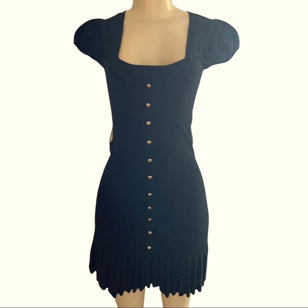 Bebe Body-con Mini Skater Sweater Dress Faux Gold Buttons Pleated Ruffle Skirt